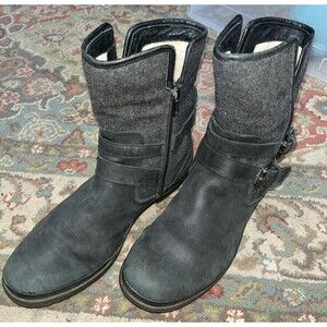 UGG Simmens Boot Black Leather Sherpa Wool Winter Snow Mid 1005269 Size 9.5